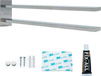 Produktbild von Intirilife Handtuchhalter aus Edelstahl zum Kleben und Bohren in Silber - 40x10x 6cm - 2-armige Halterung für Handtücher Gästetücher Stange Wandmontage Bad Küche inkl. Montagezubhör