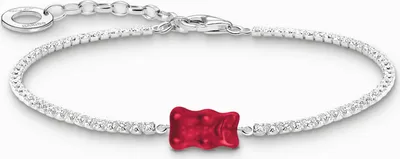 A silver bracelet with a red gummy bear charm on a white background.