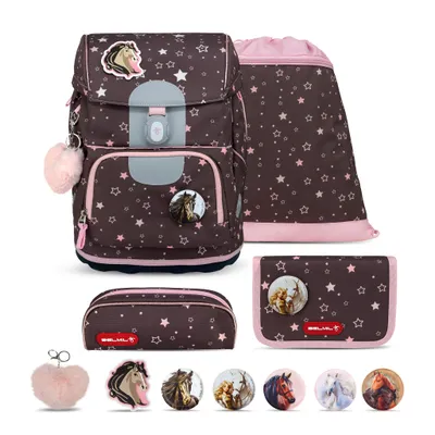 Produktbild von Belmil Motion ergonomisches Schulranzen Set 5-teilig "Champion Horse" aus recyceltem Material mit Brustgurt, Hüftgurt, Magnetverschluss, Patch Set 6 Stück