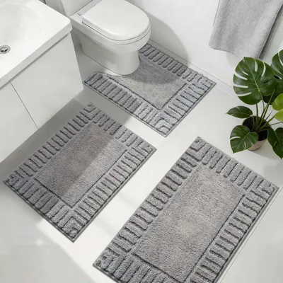 Immagine prodotto di Tappetino da bagno - Set da 3 pezzi - Microfibra - Antiscivolo - Lavabile in lavatrice - Grigio