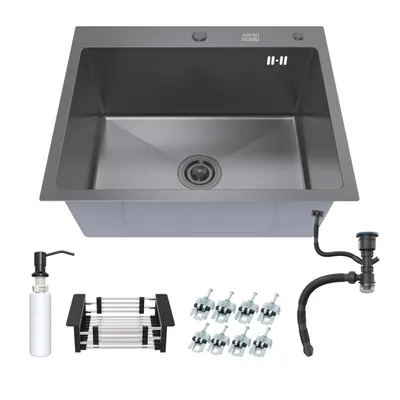 Obrázok produktu pre ANW HOME Kuchynský drez 55x43 cm čierny, nerez 304, 1 vanička, horná montáž, dávkovač saponátu, sifón, odkvapkávač, hlboký moderný do kuchyne