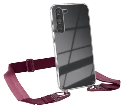A transparent phone case with a red lanyard attached to it, shown against a white background.