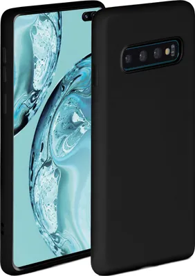 A black phone case is shown on a white background, with a smartphone partially visible behind it.