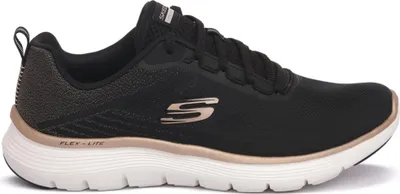 A side view of a black Skechers sneaker with rose gold accents.