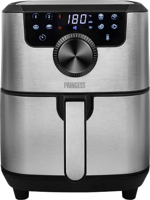 A silver air fryer with a digital display and control knob.