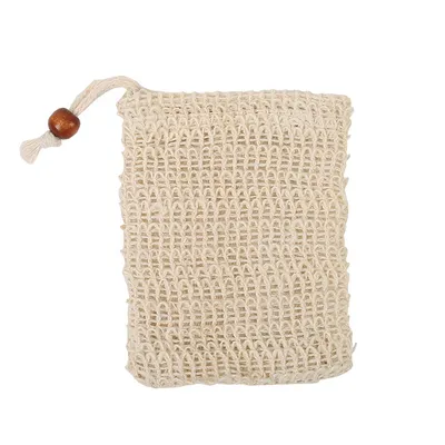 A close-up shot of a soap saver bag made of woven material.