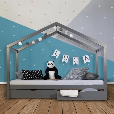 Obrázek produktu pro Homestyle4u dětská postel domeček postel 90x200 dětský domeček dřevěná postel šedá postel box