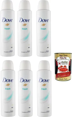 Produktbild von Dove Deodorant Spray fresh anti-perspirant, deo Mit feuchtigkeitsspendenden und empfindlichen Formel auf der Haut,ohne Alkohol, 48 Stunden, 6x 150 ml + Italian Gourmet polpa 400g