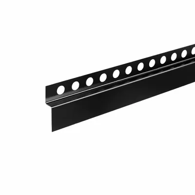 A black metal profile with circular perforations along the top edge, shown diagonally against a white background.