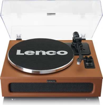 A Lenco LS-430BN turntable with built-in speakers, shown from a slightly elevated front-left angle.