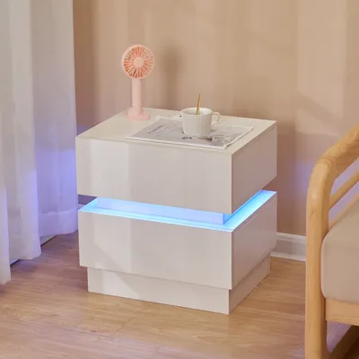 Image de Table de nuit avec éclairage LED hauteur 46cm avec 2 tiroirs,prises de courant blanc