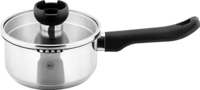 A stainless steel saucepan with a glass lid and a black handle, shown against a white background.