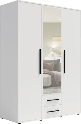 Produktbild von Schlafzimmer Kleiderschrank mit 150 cm Breite, weiß matt mit schwarzen Griffen, mit 3 Türen & 2 Schubladen - MOLLERUSA-132