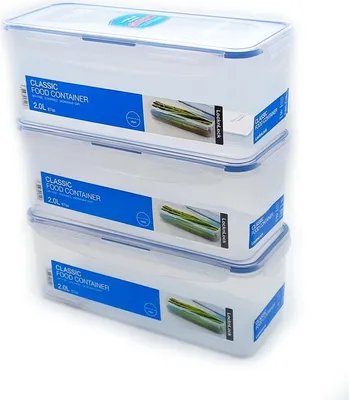 Three clear plastic food containers stacked on a white background.