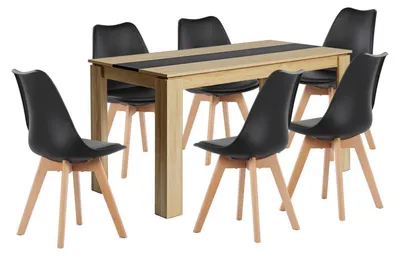 Image de Ensemble de salle à manger comprenant une table rectangulaire en chêne et noir, avec 6 chaises. Dimensions de la table : 140 cm