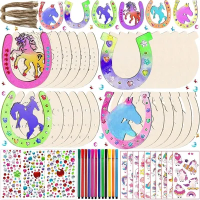 Image de Kit de loisirs créatifs sur le thème des fer à cheval, pour enfants, comprenant 416 pièces avec des strass, du bois, des crayons aquarelle et des autocollants, idéal pour les filles et les garçons de 4 à 12 ans