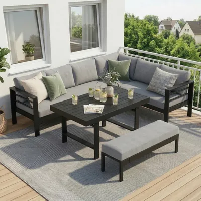 Produktbild von MEXO Gartenmöbel Set Aluminium 8 Personen, Modulares Gartenlounge-Set Gartensofas Ecklounge mit groß Tisch & Gartenbank, Wetterfest Outdoor-Loungesofa
