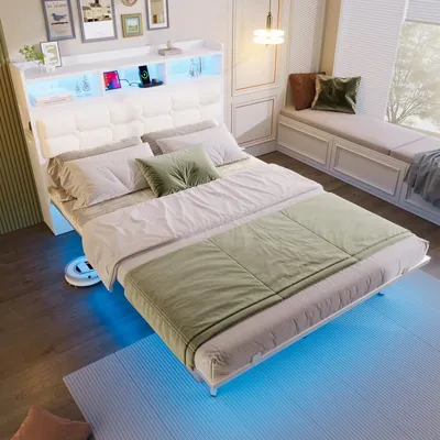 Produktbild von Doppelbett 140x200 mit LED & Lattenrost, Bett mit 2 ausziehbaren Nachttischen & Stauraum, USB & Type-C Ladefunktion, Modernes Holzbett, Weiß