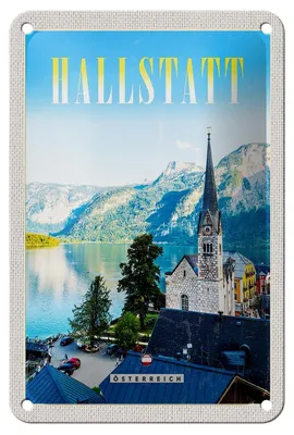Produktbild von Blechschild Reise 12x18cm Hallstatt Österreich Berge Kirche Schild