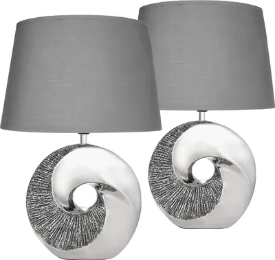 Productafbeelding van BRUBAKER Set van 2 tafellampen of nachtlampen, zilverkleurig met stenen ring - Moderne tafellampen met keramieken voet - 42,5 cm hoog, chroom, grijs