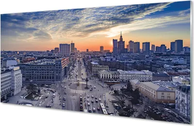 Produktbild von Glasbilder 100x50 Wandkunst Warschau Wolkenkratzer Sonnenuntergang