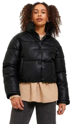 Image de JJXX Veste courte en similicuir, modèle Jxbreezy, pour femmes, style OTW, matelassée, couleur noire, taille XS