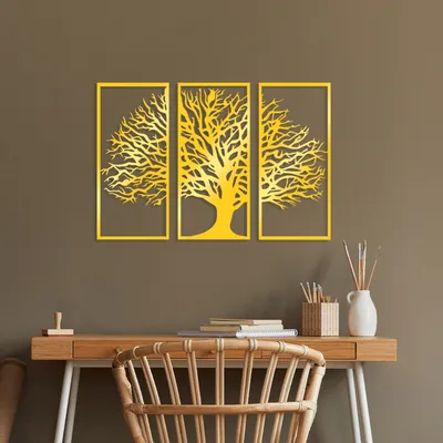 Immagine prodotto di Wallity, Albero triplo dorato 4, accessorio decorativo da parete in metallo, oro, METALLKÖRPER, 32 x 69 cm