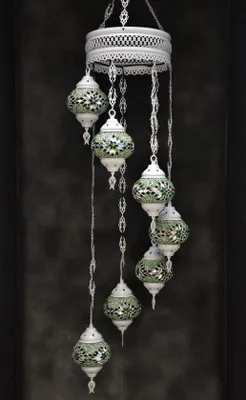 Produktbild von Hanglamp aus grünem Mosaikglas, handgefertigte orientalische Kronleuchter mit 7 Kugeln, cremeweiß