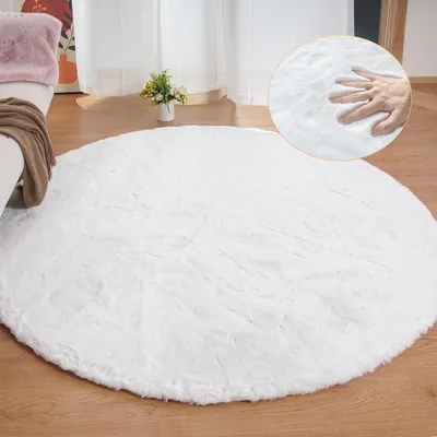 Zdjęcie produktu dla Okrągły dywan z sztucznego futra, biały, 240 cm, puszysty, można prać