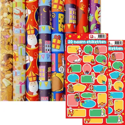 Image de 12 rouleaux de papier cadeau Sinterklaas (70 x 300 cm) avec 40 étiquettes nominatives