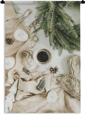 Produktbild von MuchoWow® Wandteppich Wandbehang Winter - Kaffee - Tannenbaum 120x180 cm Tapisserie Dekoration Wandtuch - Schlafzimmer - Dekorationen für das Haus