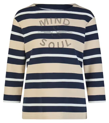 Produktbild von RABE Damen T-Shirt Dunkelblau Größe 36 mit Ringeln, Steinmotiv und 3/4-Ärmeln