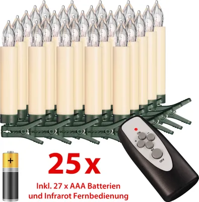 A set of 25 battery-operated LED Christmas tree candles with clips and a remote control, along with a battery icon and text indicating quantity and inclusions.