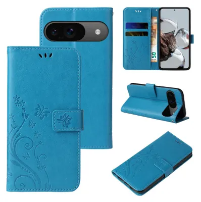 Produktbild von Handyhülle für Google Pixel 9 / 9 Pro Floral Blumen Schmetterling Flip Cover Hülle Case Klapphülle Handytasche Farbe: Blau