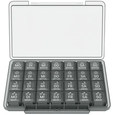 Produktbild von WELLGRO Tablettenbox für 7 Tage - Pillendose je 4 Fächer pro Tag - Klappdeckel mit Druckverschluss - Aufbewahrungsbox - BPA-freier Kunststoff