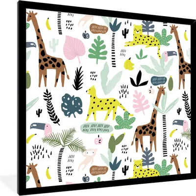 Produktbild von MuchoWow® MuchoWow® Gerahmtes Poster Dschungel - Giraffe - Affe 40x40 cm - Poster mit zchwarzem Bilderrahmen - Mit Rahmen - Wanddekoration Schlafzimmer