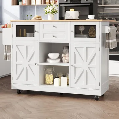 Immagine prodotto di Isola cucina, carrello sala da pranzo con piano di lavoro, credenza, carrello sala da pranzo con venature del legno, portasciugamani laterale, ante tridimensionali con rotelle, divisori regolabili, bianco