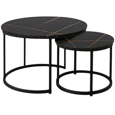 Zdjęcie produktu dla Stoliki kawowe okrągłe zestaw stolików loft fi 70x47 fi 50x39 marmur czarny + złoty