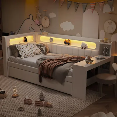 Produktbild von Gepolstertes Funktionsbett 90x200 mit Schreibtisch & LED, inkl. Ausziehbett 90x190 & USB, hochwertiges Polsterbett Weiß, platzsparendes Jugendbett aus Leinen