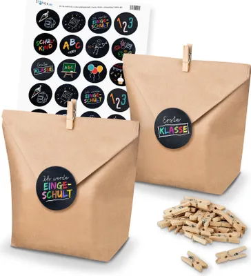 Produktbild von itenga SET Geschenktüten Schulanfang (Motiv 88) 24 x Tüten + Klammern + Stickerb
