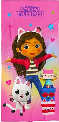 A cartoon character from Gabby's Dollhouse with two cat characters and decorative elements.
