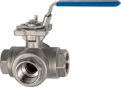 Produktbild von Riegler 3-Wege-Kugelhahn, L-Bohrung, Edelstahl 1.4408, G 2, DN 50, 11081 H-ES