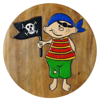 Produktbild von Tokoindah Kinderhocker Pirat mit Flagge – Schemel aus Massivholz, in Handarbeit gefertigt & bemalt, runder Sitzhocker fürs Kinderzimmer