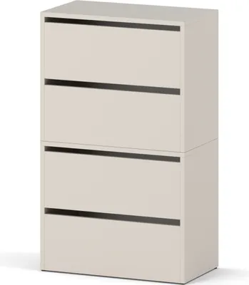 A modern, modular shoe cabinet with four drawers, presented against a white background.