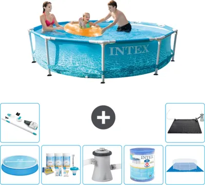 Produktbild von Intex-Schwimmbecken mit rundem Rahmen – 305 x 76 cm – Wasserdruck – im Lieferumfang enthalten Sonnensegel - Wartungspaket - Filterpumpe für Schwimmbad - Filter - Bodenplane - Staubsauger