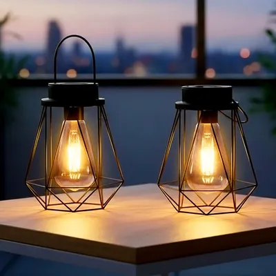Produktbild von Solar Laterne schwarz 18 x 15 cm zum Hängen oder Stellen - 2er Set - Industrial Design Dekoleuchte mit LED Glühbirne warm weiß