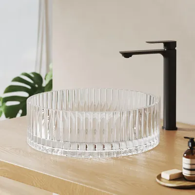 Produktbild von EMKE Aufsatzwaschbecken Rund 400x400x120mm aus gehärtetem Kristallglas transparent Elektroplattiert, ohne Hahnloch & Überlauf, Modernes Design