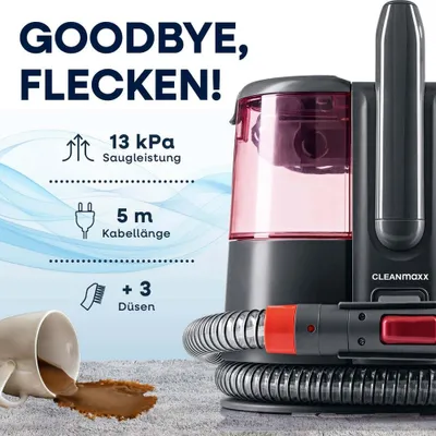 Obrázok produktu pre CLEANmaxx Čistič čalúnenia a kobercov Pro Power - 3 v 1: striekanie, kefovanie, vysávanie. Vysávací čistič na koberce, autá a čalúnenie. Odstraňuje škvrny a nečistoty, prenosný
