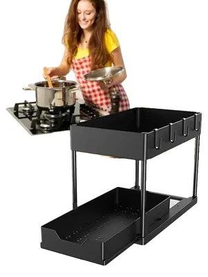 Obrázok produktu pre Výsuvný regál na koreniny, nerezový materiál, 2-stupňový dizajn, 30 x 23 x 46 cm, opakovane použiteľný, unesie až 13,6 kg