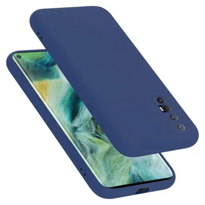 A blue phone case is shown on a white background, partially covering a smartphone.